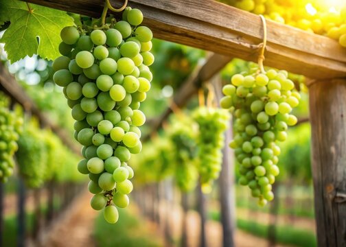 Fresh seedless green grapes hanging from a wooden trellis in a vineyard