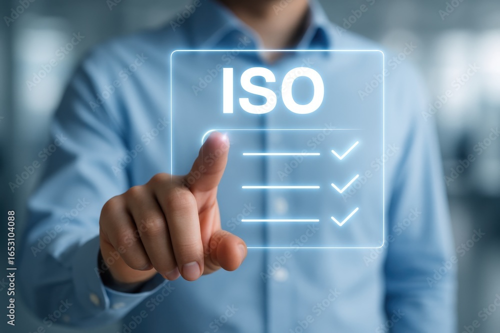 Poster iso certification: the picture features a person's hand, precisely pointing towards the luminous iso