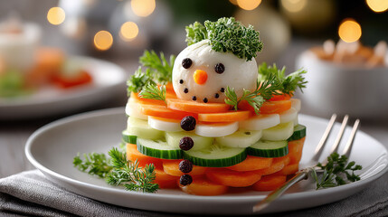 Obraz premium A festive vegetable dish shaped like a snowman. It features layers of carrots, cucumbers, and greens, topped with a round white cheese head and decorative features.