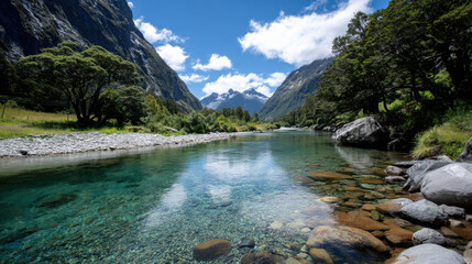 Serene river flows through lush valley surrounded by majestic mountains and clear blue skies. crystal clear water reflects vibrant greenery and rocky riverbed, creating tranquil scene