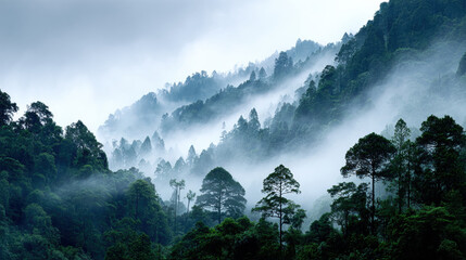 Majestic forest landscape shrouded in mist, showcasing towering trees and lush greenery. serene atmosphere evokes sense of tranquility and connection with nature