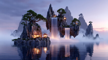 Serene landscape featuring majestic mountains, cascading waterfalls, and tranquil waters. Lush greenery and traditional structures enhance beauty of this mystical scene, evoking sense of peace