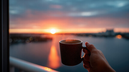 Person holds steaming cup of coffee while enjoying beautiful sunset over calm body of water. warm colors of sky reflect on water, creating serene atmosphere