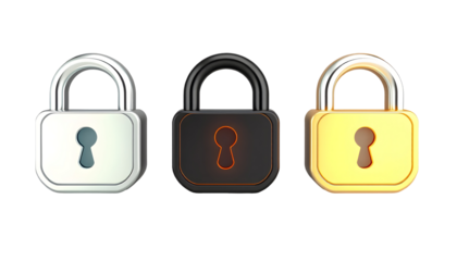 Three colorful metallic padlocks isolated on transparent background