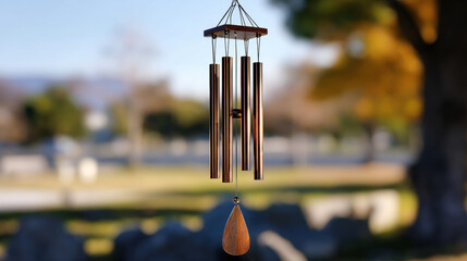 Wind chime made of metal tubes, hanging from wooden frame, creates soothing sound in serene outdoor setting. blurred background features trees and peaceful atmosphere