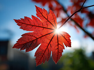 Vibrant red leaf glows against bright blue sky, showcasing intricate veins illuminated by sunlight. This stunning autumn scene captures beauty of nature transition