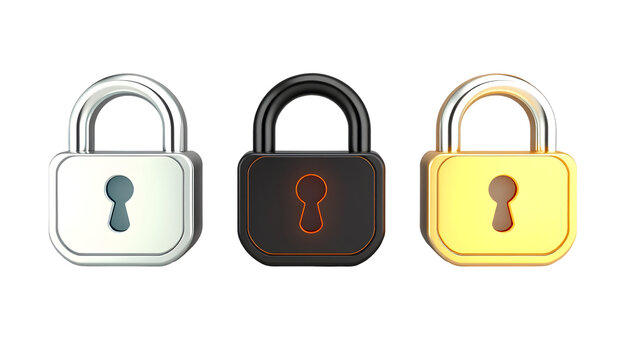 Three colorful metallic padlocks isolated on transparent background