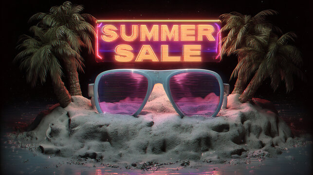 80s retrowave summer sale with neon sunglasses. A vibrant synthwave aesthetic for a retro-themed retail promotion, a music event flyer, or a nostalgic social media ad.