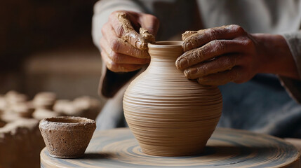 Crafting beautiful pottery vase, hands skillfully shape clay on potter wheel, showcasing artistry of traditional ceramics. warm tones of clay highlight intricate details of piece