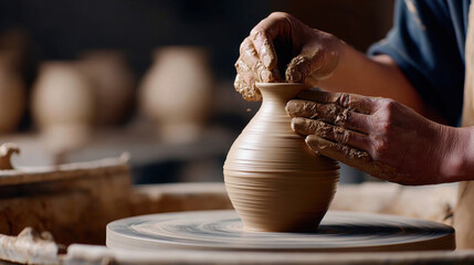 Creating beautiful pottery piece requires skill and precision. artisan hands expertly shape clay on wheel, showcasing art of pottery making