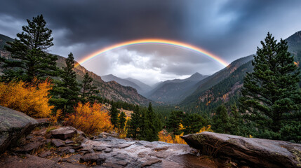 Stunning landscape featuring vibrant rainbow arching over mountainous valley. scene is framed by lush green pine trees and autumn foliage, creating picturesque view of nature beauty