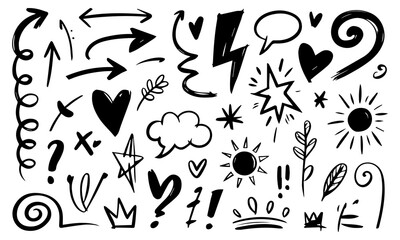 Arrow brush asterisk marker line shape set. Hand drawn brush stroke asterisk, arrow, squiggle shape with grunge texture. Abstract sketch paint elements for geometric background. Vector illustration