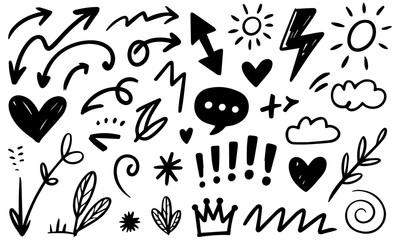 Arrow brush asterisk marker line shape set. Hand drawn brush stroke asterisk, arrow, squiggle shape with grunge texture. Abstract sketch paint elements for geometric background. Vector illustration