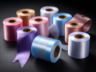 Colorful rolls of ribbon in various shades including pink blue purple and gold arranged artistically on dark surface. Perfect for crafting gift wrapping and decoration