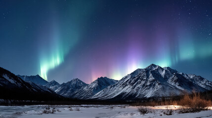 Breathtaking auroras illuminate night sky over majestic mountains, creating stunning display of colors. serene landscape reflects beauty of nature wonders, captivating all who witness it