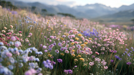 Obraz premium Wildflower meadow blooms in pastel shades. Mountain backdrop adds serene beauty to the natural scene.