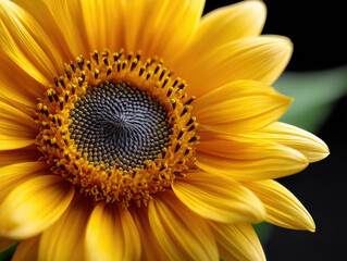 Close up view of vibrant sunflower showcasing its bright yellow petals and intricate center, radiating warmth and beauty. details highlight natural elegance of this flower