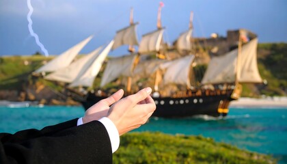 Hands raised in prayer, storm approaching a sailing ship