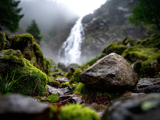 Serene landscape featuring cascading waterfall surrounded by lush greenery and moss covered rocks. mist adds mystical atmosphere to scene, inviting tranquility and reflection