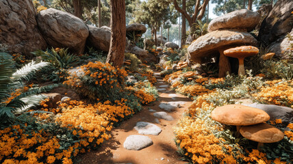 Obraz premium Enchanting forest path filled with vibrant flowers and mushrooms during daylight