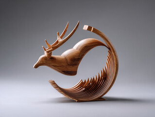 Beautifully crafted wooden sculpture of deer, showcasing intricate curves and layers that create sense of motion and elegance. natural wood grain adds warmth and character to this artistic piece