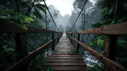 Serene wooden suspension bridge stretches over misty forest landscape, surrounded by lush greenery and tropical plants, inviting exploration and adventure