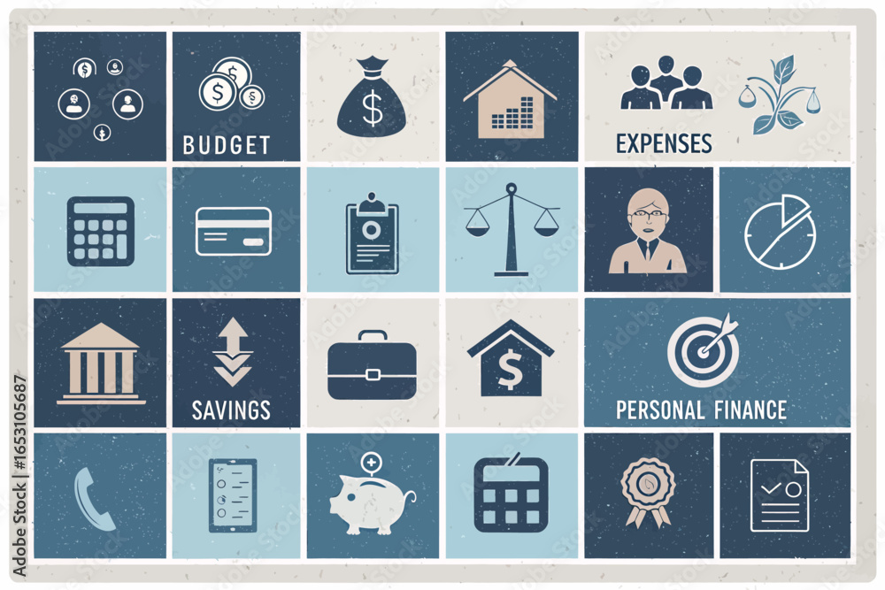 Poster a set of twenty flat icons arranged in a grid featuring a modern design with dark and light