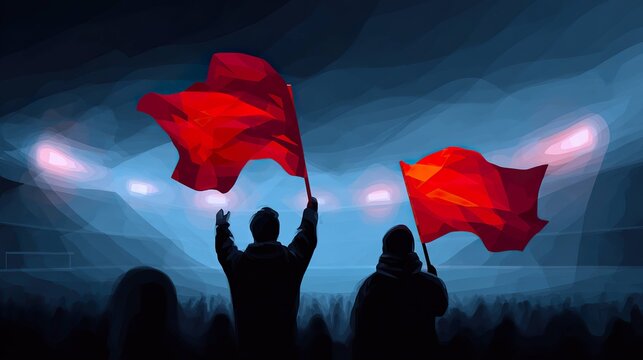 Crowd celebrating with red flags in a stadium - Powered by Adobe