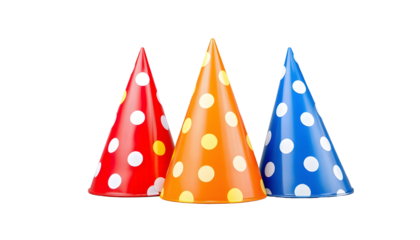 Festive Party Hats in Red, Orange, and Blue with White Polka Dots