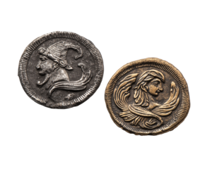 Ancient coins with human figure embossed