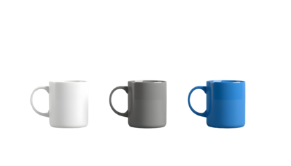 Three coffee mugs in different colors on a transparent background