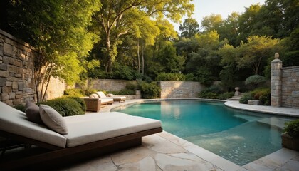 Obraz premium Tranquil poolside oasis featuring stone walls, green plants. Comfortable lounge chairs invite relaxation beside clear blue swimming pool. Luxurious resort setting offers serene summer vacation escape