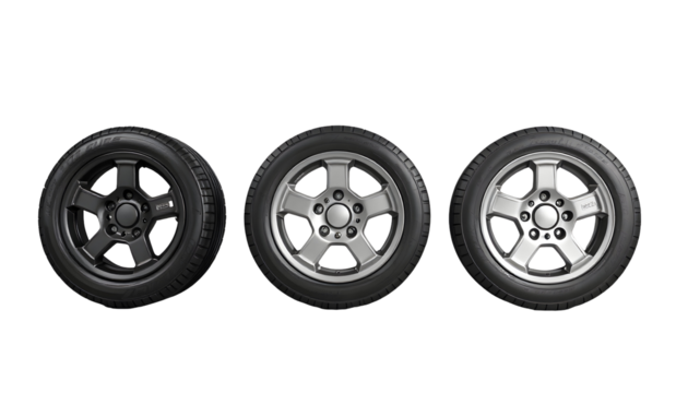 Set of Three Car Wheels on Transparent Background