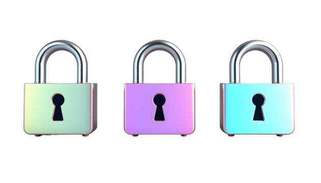 Three pastel gradient color padlocks on a transparent backdrop
