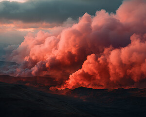 Fototapeta premium Dramatic red volcanic smoke clouds against a dark sky. A powerful, abstract nature background for a cinematic poster, a music album cover, or a dramatic blog header.