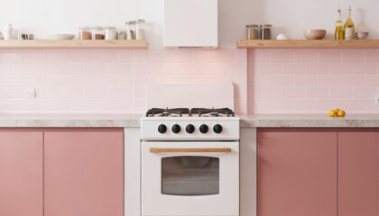Minimalist kitchen features pink tile backsplash, cabinets. White stove with wooden handle sits on marble countertop. Shelves hold spice jars, bottles, bowl. Clean, simple interior design for modern
