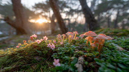 Obraz premium Mushrooms Flowers Forest Sunset Flora Nature Woodland Macro Vivid Captivating Microhabitat Ecoosystem Spring Shadows Colorful Tranquility Pastel Budding Ethereal Picturesque Serene Lush Greenery