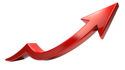 Red arrow pointing up, a symbol of growth and success in business, isolated on transparent background