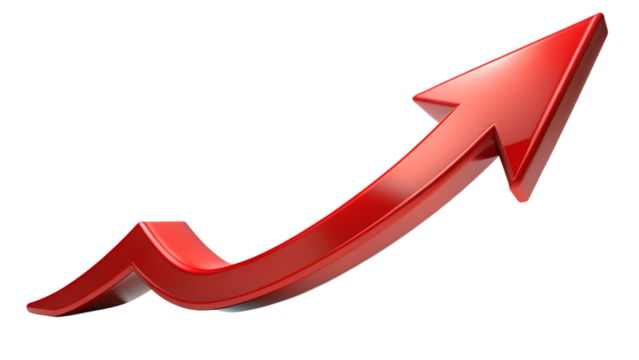 Red arrow pointing up, a symbol of growth and success in business, isolated on transparent background