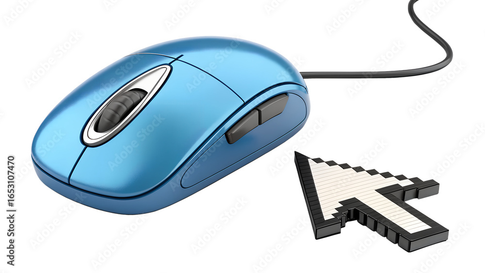 Fototapete a blue computer mouse with a cursor isolated on transparent background, representing technology and 