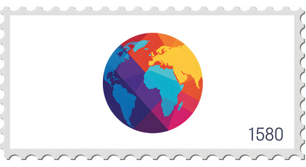 Obraz premium Vintage postage stamp featuring a world map with a colorful gradient, symbolizing global travel, international mail, and worldwide communication