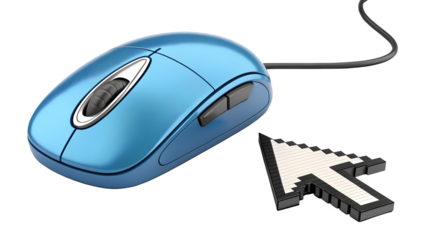 A blue computer mouse with a cursor isolated on transparent background, representing technology and digital interaction with devices