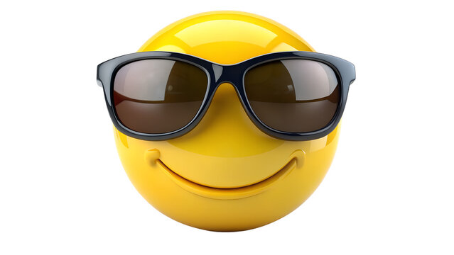 A cheerful yellow emoji face with a wide smile and cool sunglasses isolated on transparent background, conveying happiness and fun - Powered by Adobe
