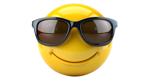 A cheerful yellow emoji face with a wide smile and cool sunglasses isolated on transparent background, conveying happiness and fun