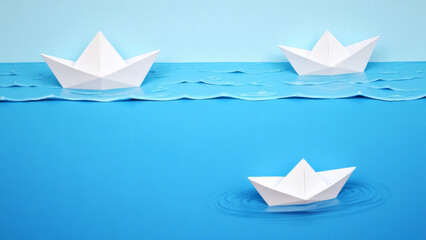 Obraz premium Paper boats floating on a blue ocean background