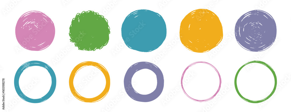 Poster scribble grunge circle vector frame set. hand drawn rough colorful scribble round line. crayon brush