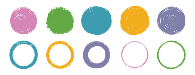 Scribble grunge circle vector frame set. Hand drawn rough colorful scribble round line. Crayon brush stroke scribble frame. hand drawn doodle circle set.