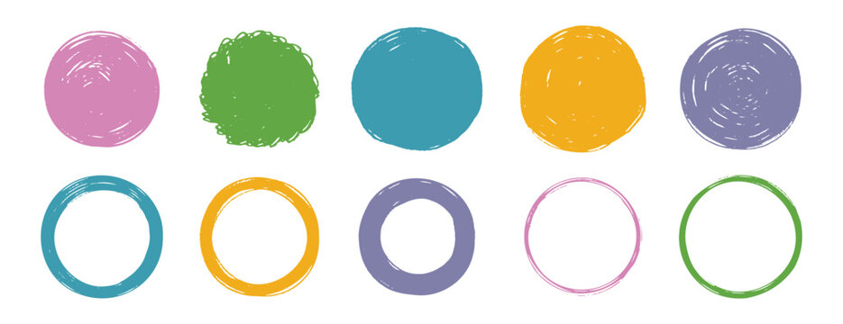 Scribble grunge circle vector frame set. Hand drawn rough colorful scribble round line. Crayon brush stroke scribble frame. hand drawn doodle circle set.