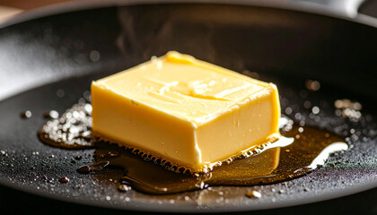 Melting Butter in a Hot Pan, Delicious Butter Dripping Off the Edge of a Square Block