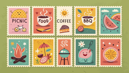 Twelve Colorful Flat Illustrated Postage Stamps or Labels Design Set with a Modern and Playful Aesthetic for Various